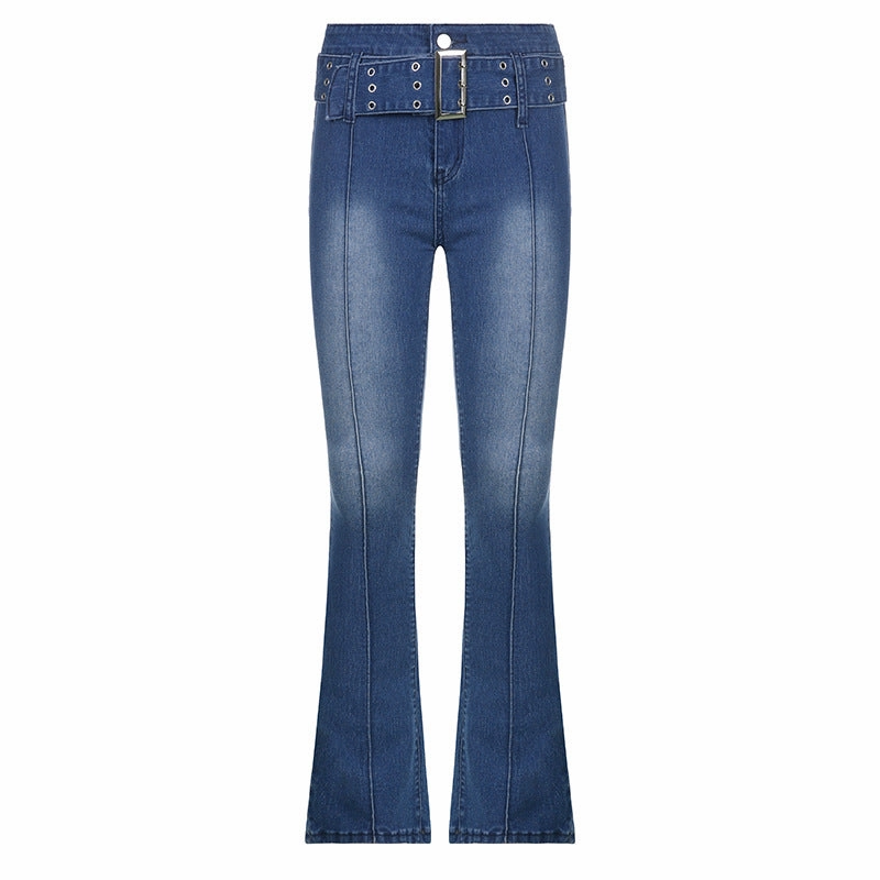 Retro Distressed Hot Girl Washed Belt Slimming Jeans Multi Purpose Pockets All Round Piece