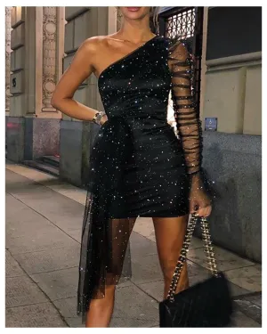 Lightweight Wear Sexy dress with shiny gauze diagonal shoulders