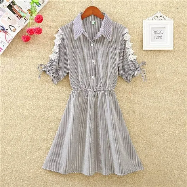 Elegant Striped Cotton Shirt Dresses Cool Tone