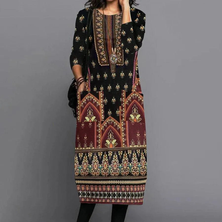 High-Low-Hem Sleek Volume Comfortable Long-sleeve Round-collar Dress