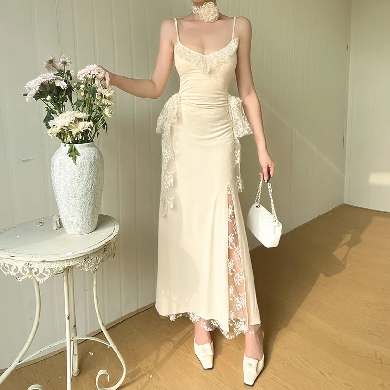 Strap Lace Patchwork Slit Dress Women Art Spirit Soft Appeal