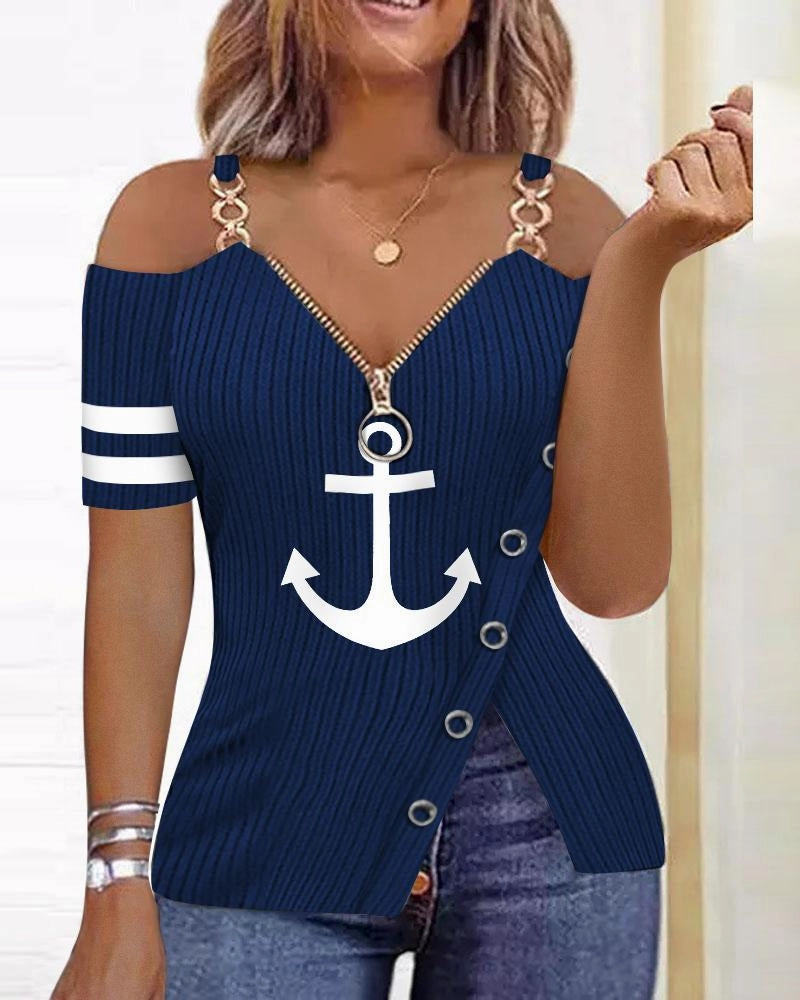 Boat Anchor Pattern Printed Zipper T-shirt Easy Fit
