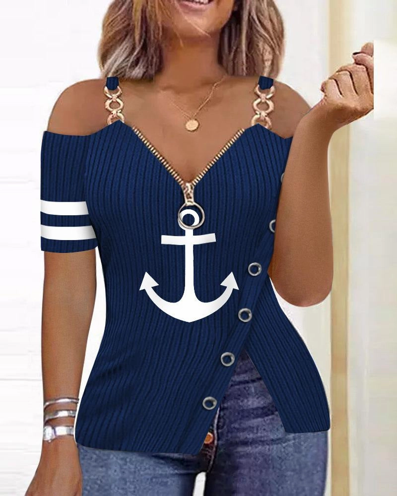 Chilly Look All Purpose Wear Boat Anchor Pattern Printed Zipper T-shirt