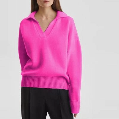 Roomy Pockets Women's Knit Polo Neck Pullover Solid Color Sweater