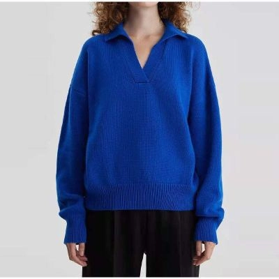 Women's Knit Polo Neck Pullover Solid Color Sweater Organza details