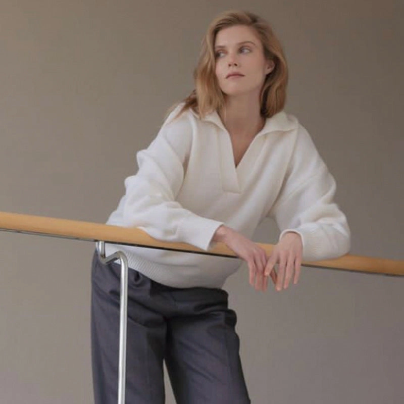 Women's Knit Polo Neck Pullover Solid Color Sweater theater look