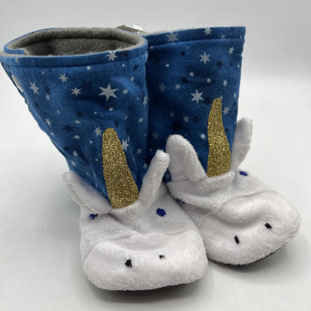 stretchy design Size 18-24m: Beaneroobaby Blue/White Fuzzy Sparkly Unicorns Pop-Up Soft Sole Booties-NEW