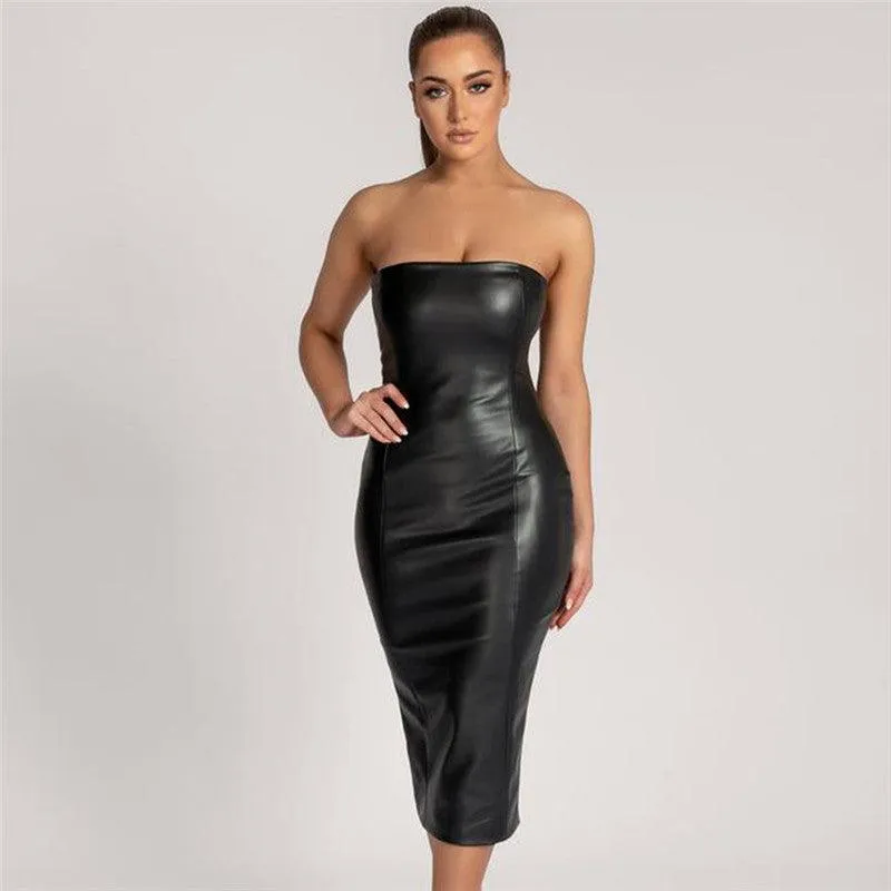Pure Color PU Leather Temperament Slim Tube Top With Rear Slit Versatile Cut