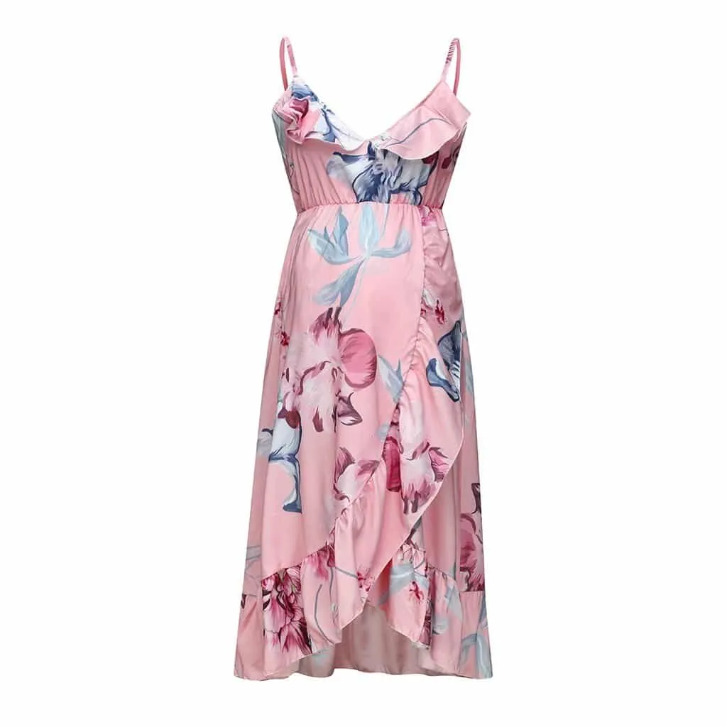 Statement-Buttons Elegant Maternity Dress Floral Printed Ruffles Sundress