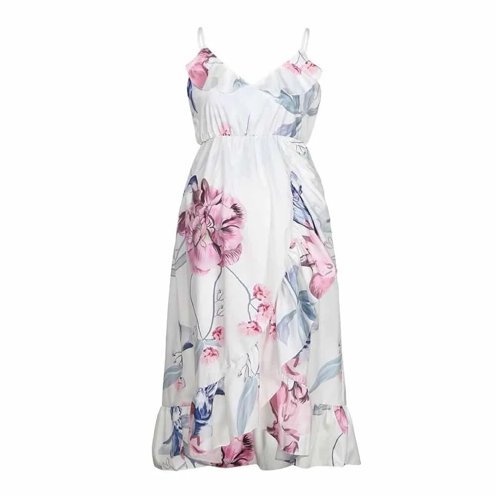 Modern Layering Elegant Maternity Dress Floral Printed Ruffles Sundress