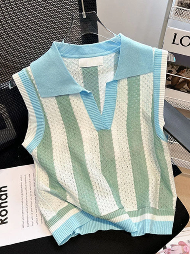 Contrast Color Stripes Polo Collar Sleeveless Knitwear Women Sleeveless Cut Comfy Layer