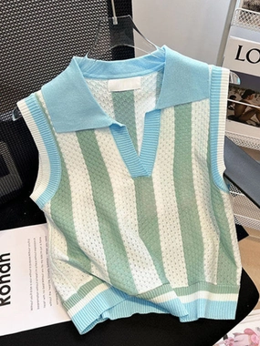 Contrast Color Stripes Polo Collar Sleeveless Knitwear Women Layered Collar