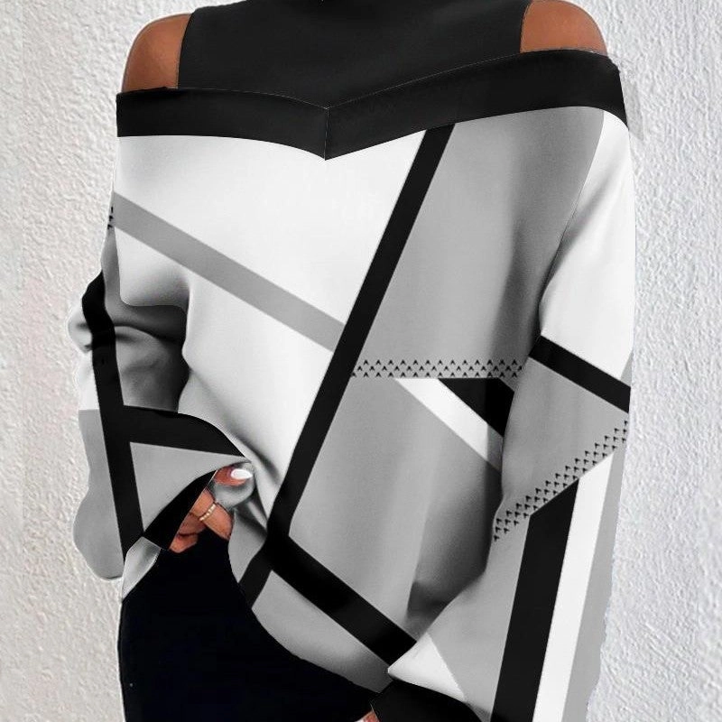 Contrasting Color Patchwork Off Shoulder Top Relaxed Fit Versatile Layering Piece