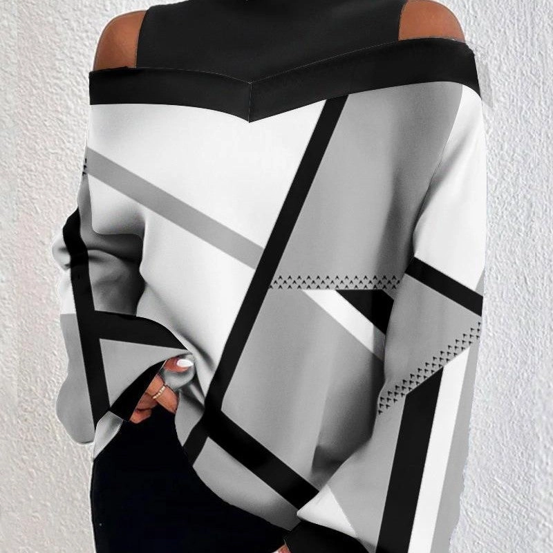 Contrasting Color Patchwork Off Shoulder Top Comfy Winter Wear Abrasion Resistant Edging