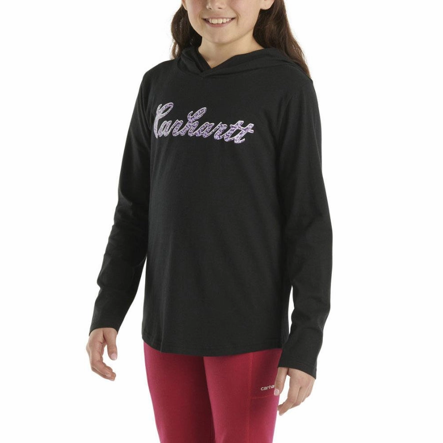 Girls' Long-Sleeve Hooded Cursive Logo T-Shirt CA9981 Elastic Edge Binding Breathable Knit Fabric