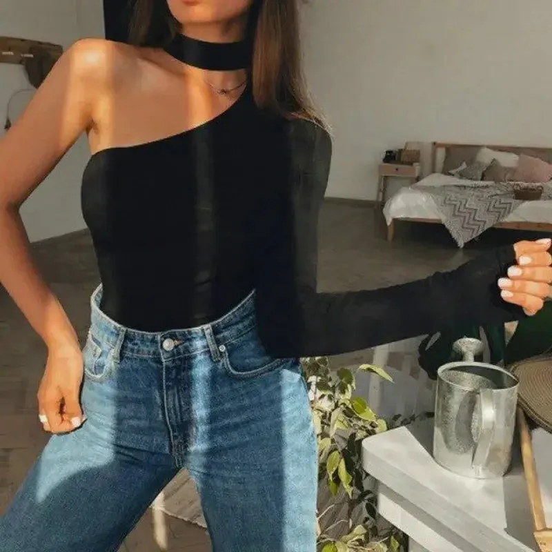 One shoulder Fashion Bodysuits MatteFinishTexture