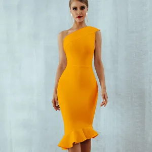 Work or Casual Romantic Style One Shoulder Women's Bodycon Dress with Ruffles