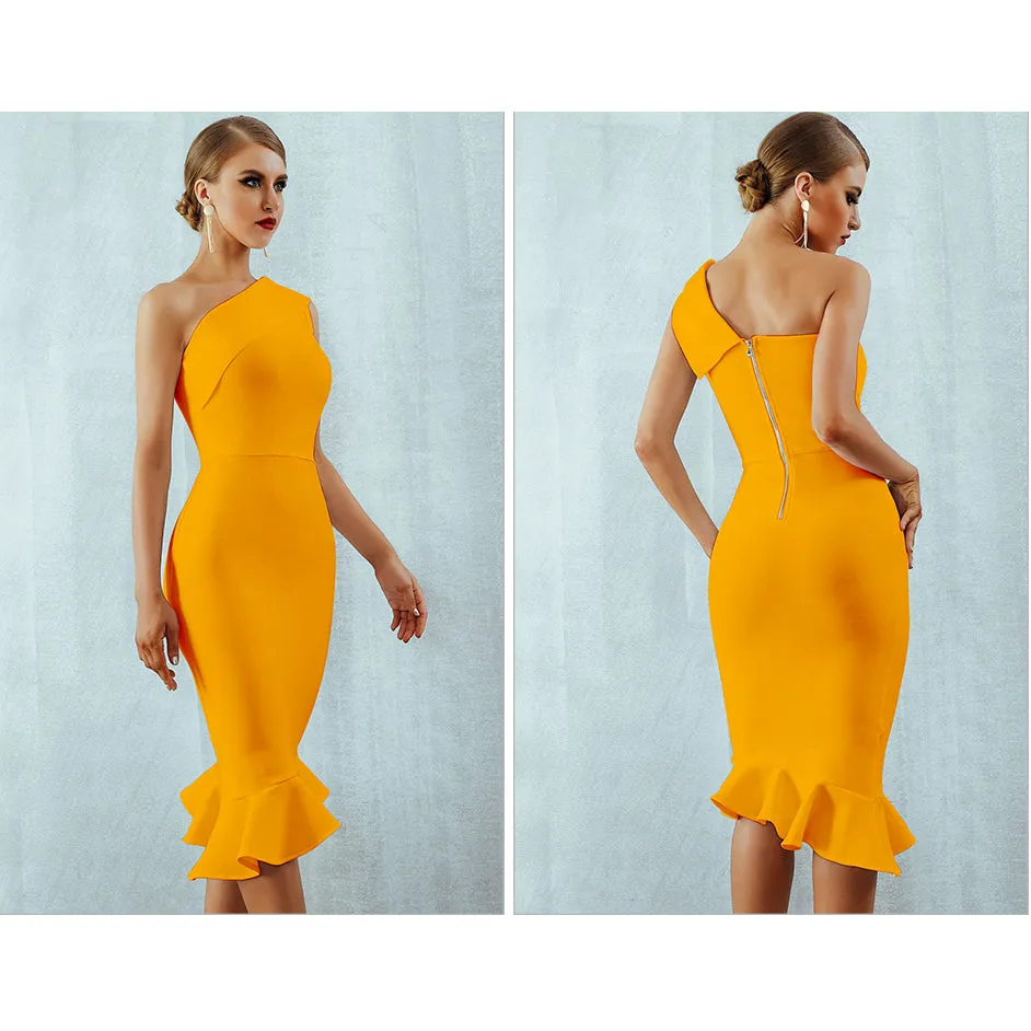 Boxy-Style Refined Simplicity One Shoulder Women's Bodycon Dress with Ruffles