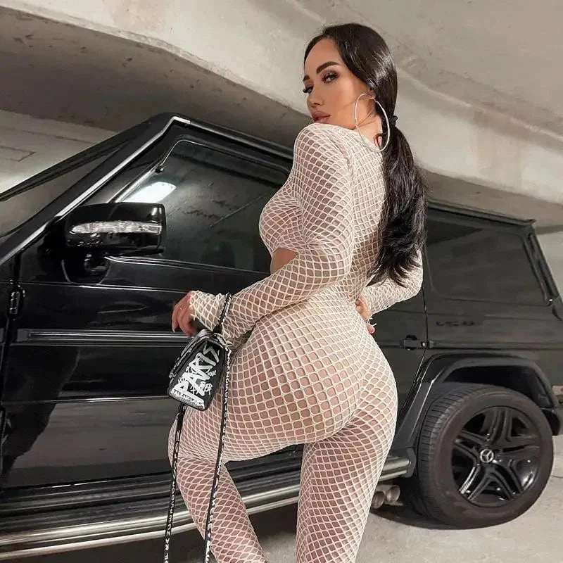 Smart Indoor Urban Date Beige Jumpsuit und Mesh-Set