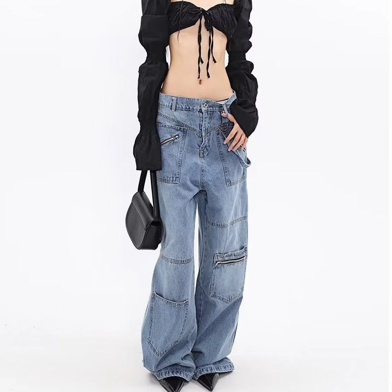 Layer Staple Zipper Multi-pocket Loose High Waist Wide Leg Straight Jeans