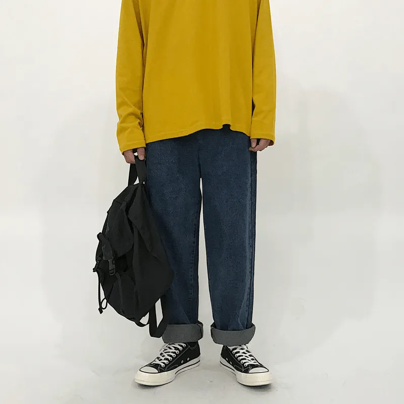 Moisture Lock Technology Straight-Leg Jeans Washed Retro Teen Trendy Curled Daddy Wide-Leg Trousers