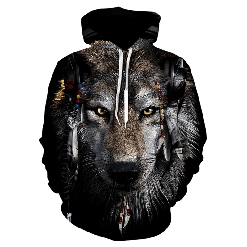 product cycling suitability Wolf Head Print Men'S Hoodie Sweater Digital