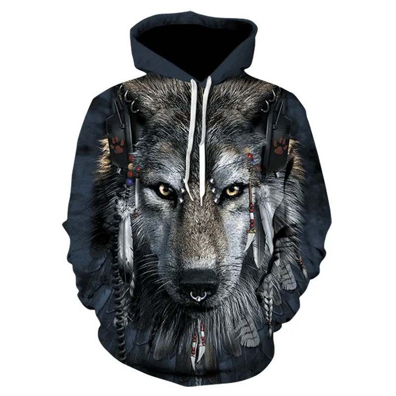 Wolf Head Print Men'S Hoodie Sweater Digital product snowboarding suitable thrill Cold Day Wear