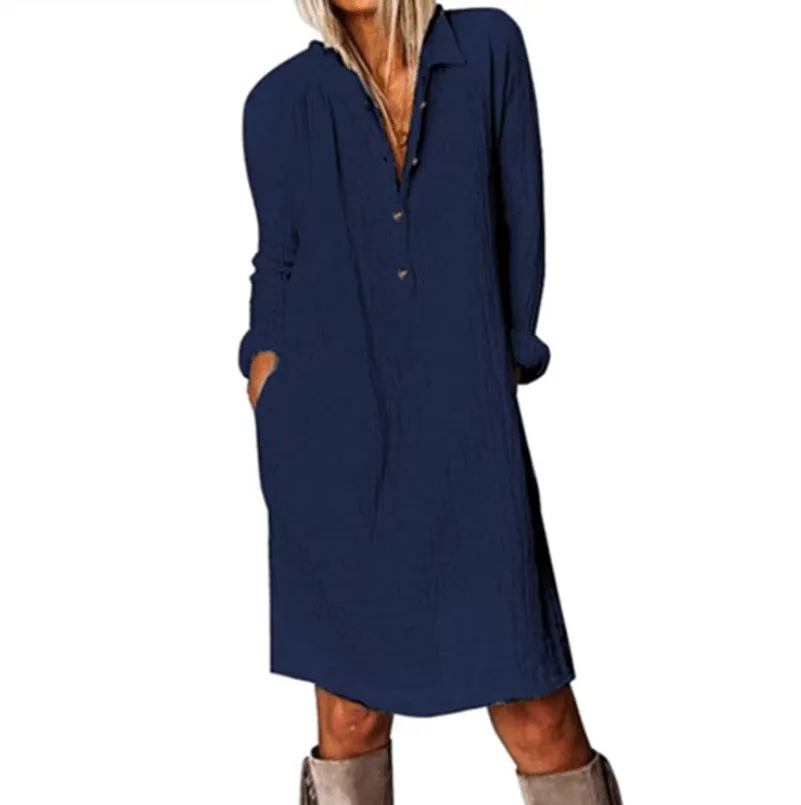 High Waist SustainableCotton Cotton And Linen Long Sleeve Dress