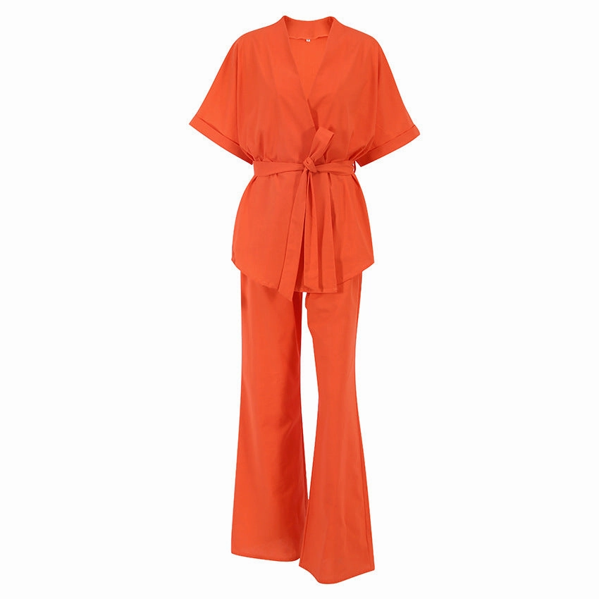 Urban Charming Dinner Relax Cotton And Linen Short-sleeved Trousers Two-piece Set Belt Design Casual Women's Clothing