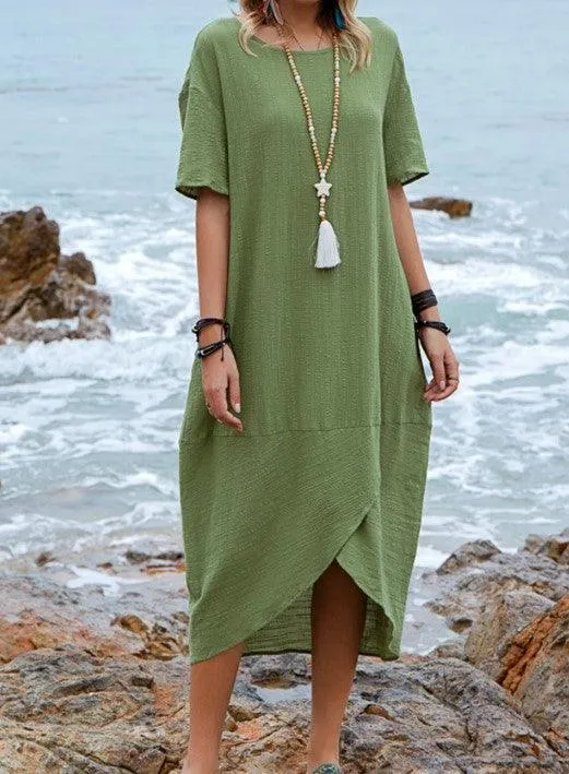 Women Maxi Dress Neck Pocket Summer Loose Casual Baggy Robe Female Retro Long Dresses Work Look Bow Soft