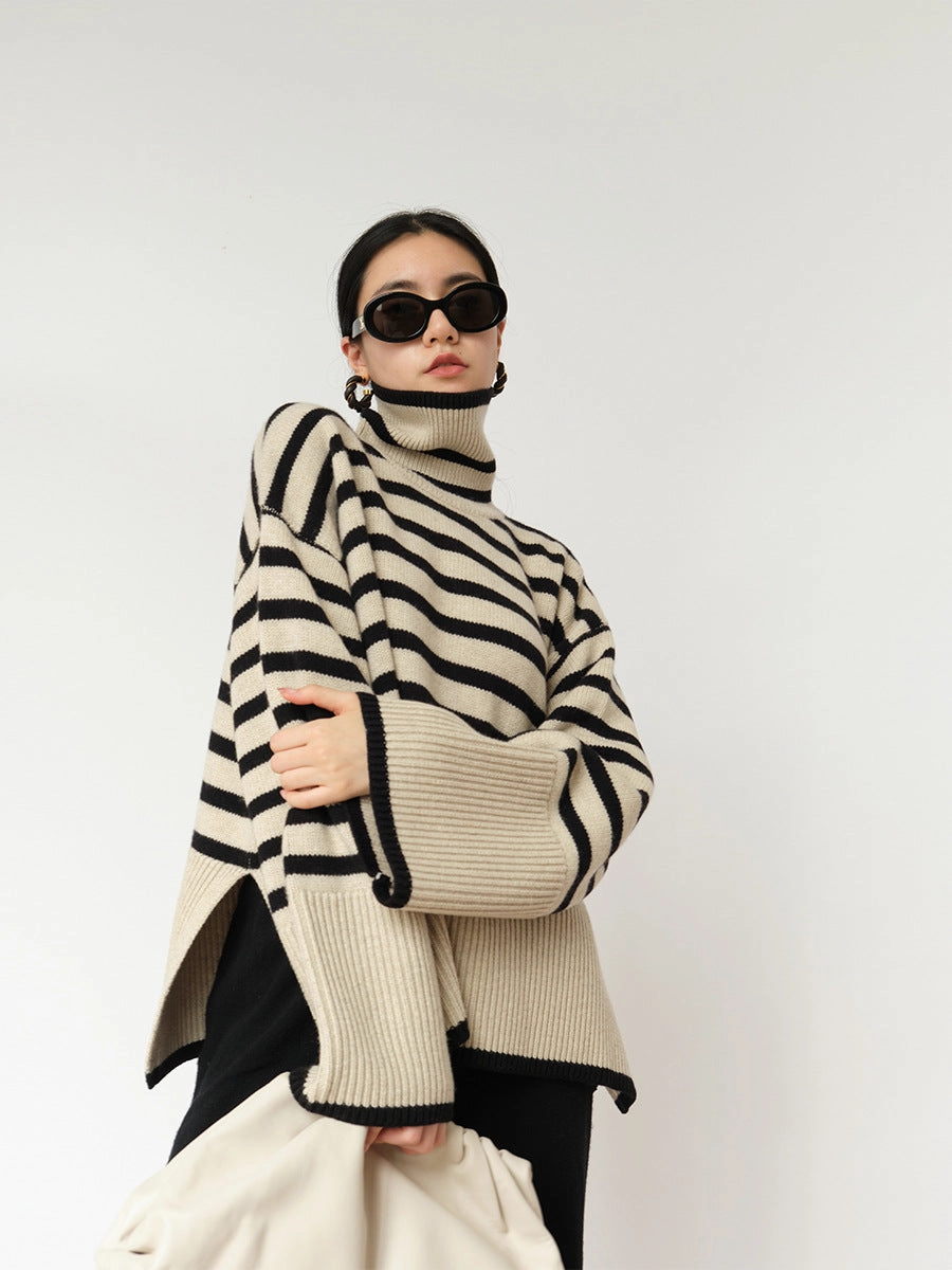 Women's Fashion Casual Loose Striped Turtleneck Sweater Stylish Wear
