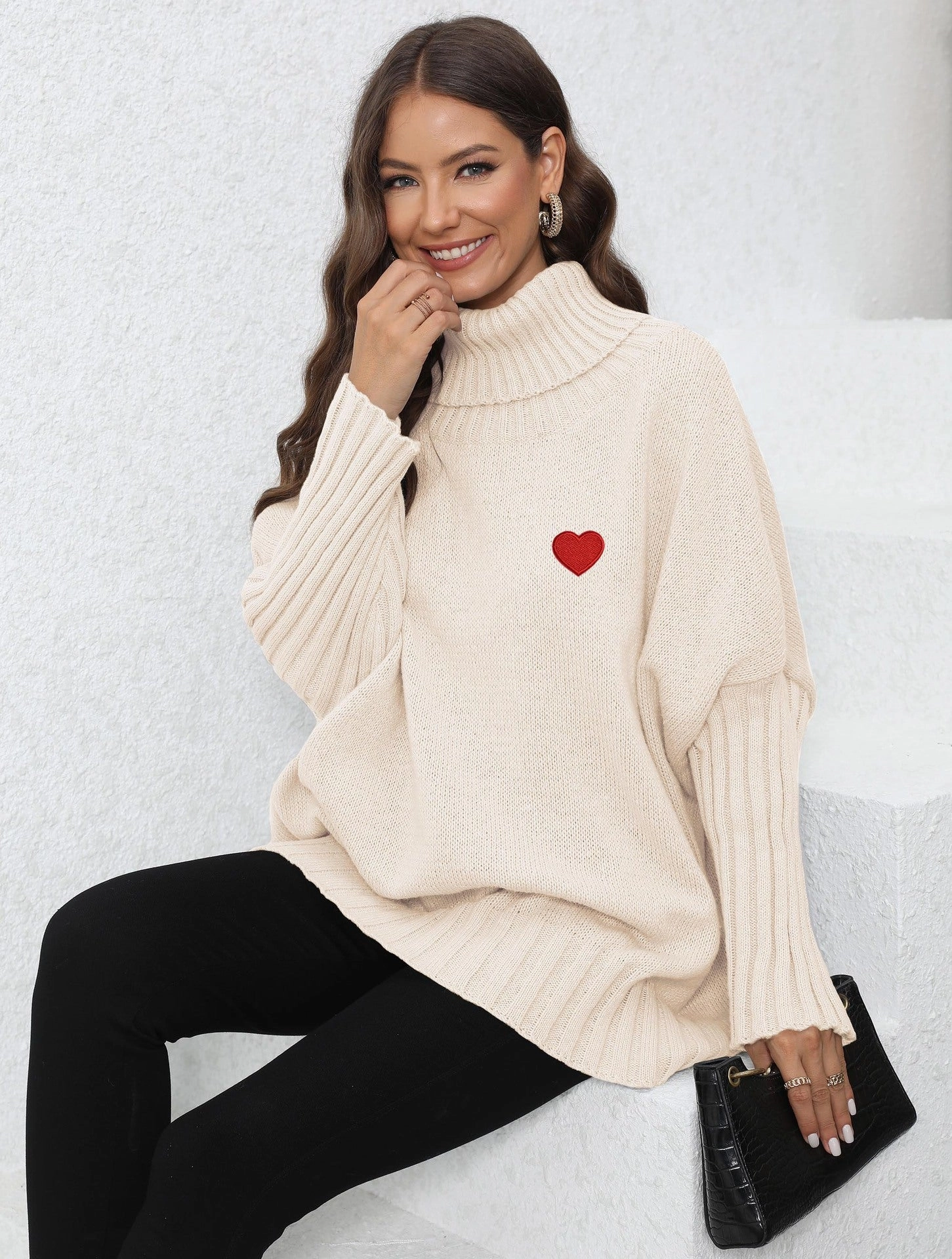Layered Knit Style Women's Clothing Knitted Solid Color Turtleneck Lapel Loose Woven Love Stickers Sweater