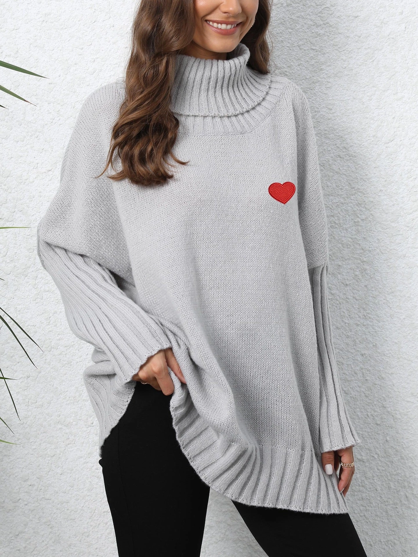 Women's Clothing Knitted Solid Color Turtleneck Lapel Loose Woven Love Stickers Sweater Fashionable Look