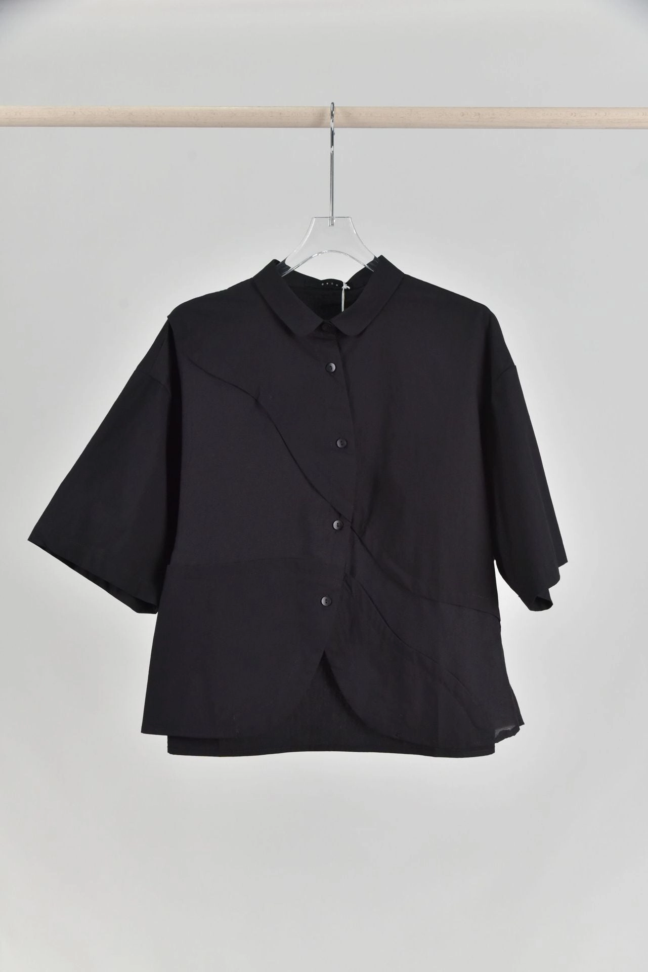 Artistic Retro Design Curved Split Patchwork Lapel Short Sleeve Shirt Quick-Dry