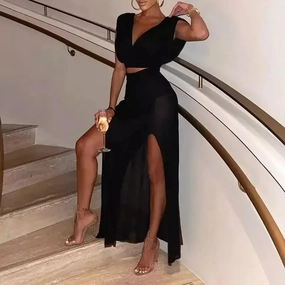 Crop Top & Mesh Slit Skirt Trendy Fit Look Button Accent