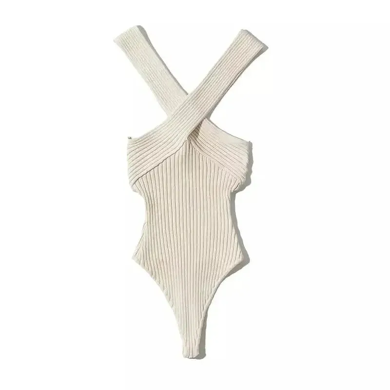 Cross Halter Knitting Bodysuit Sporty Look