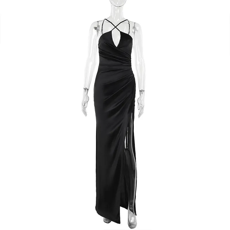 Soft Touch Cross-halterneck Sleeveless Split Long Dress Women