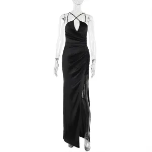 Cross-halterneck Sleeveless Split Long Dress Women Tailored Piece