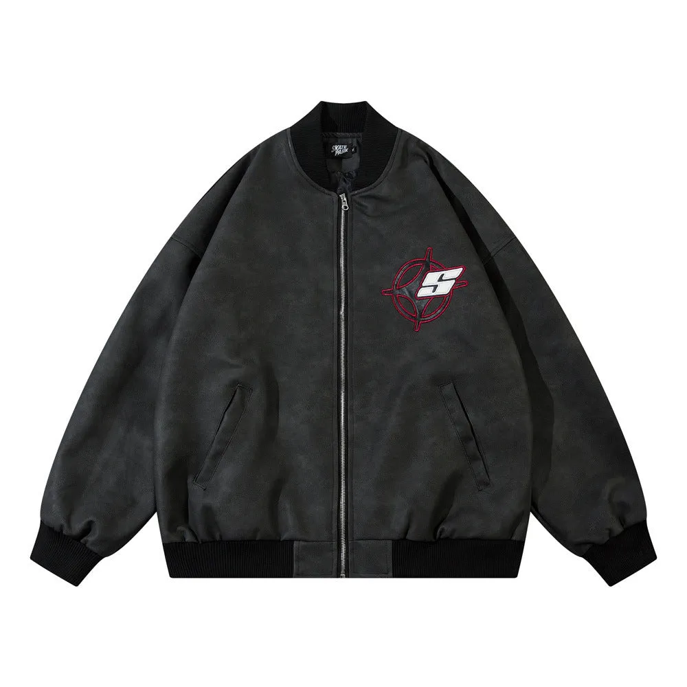 Cross Star Embroidery Letter Loose PU Leather Jacket Coat Water Repellent Finish Flexible Material