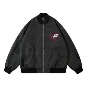 Secure Chest Pocket Cross Star Embroidery Letter Loose PU Leather Jacket Coat