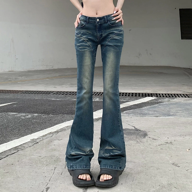 Friction Free Inner Lining Cross-border Street Style Design Sense Gradient Split Splicing Flared Pants Spicy Girls High Waist Skinny Washed Jeans