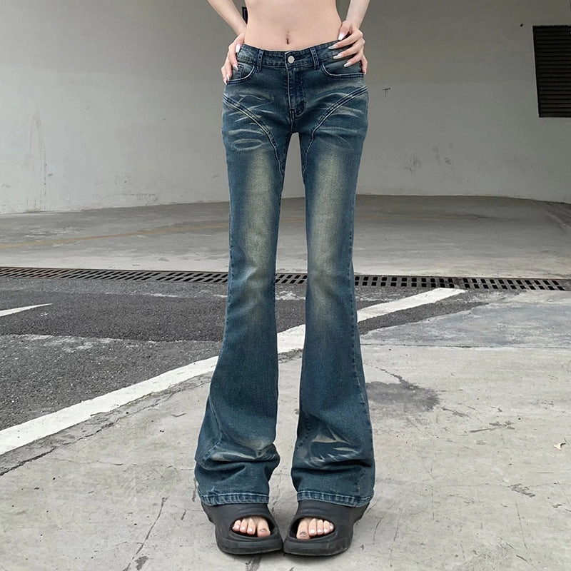 Cross-border Street Style Design Sense Gradient Split Splicing Flared Pants Spicy Girls High Waist Skinny Washed Jeans Stylish Waistband Daily Wear Breathable Classic