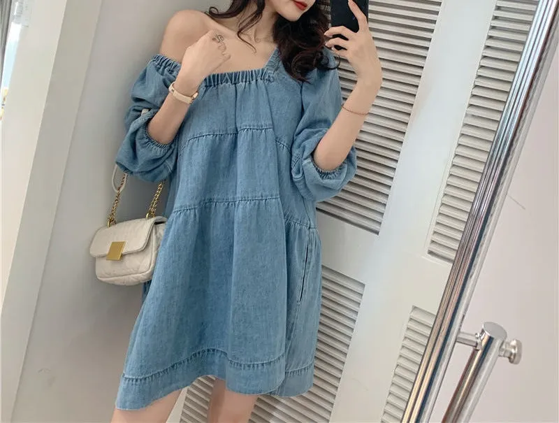 Square-cut Collar And Blue Dress French Girl Loose Skirt Female Feminine Energy