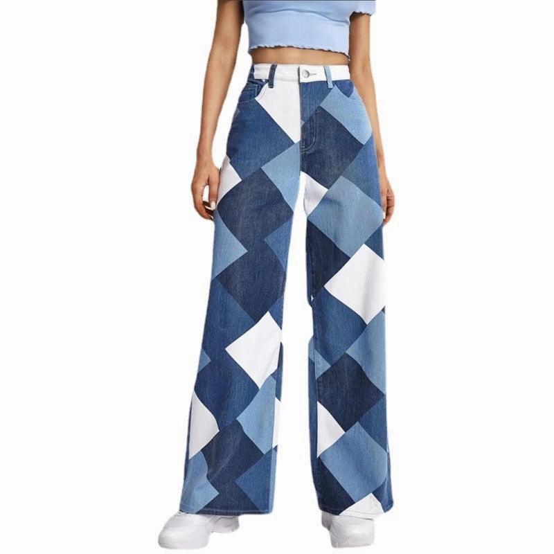 Smooth Loose Versatile Wardrobe Fit Casual High-waisted Large Straight Leg Printed Denim Pants