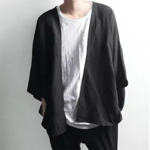 Dark Men'S Linen Cropped Doll Sleeve Cardigan Slip Resistant Grip