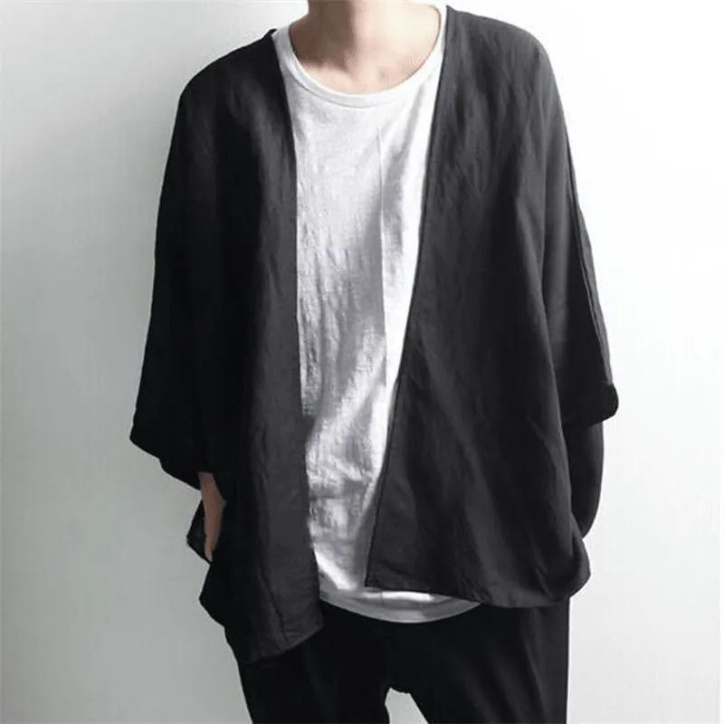Dark Men'S Linen Cropped Doll Sleeve Cardigan Slip Resistant Grip