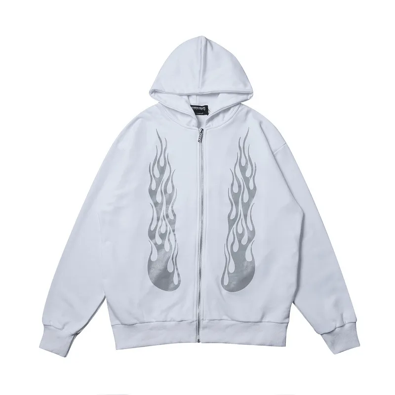 Dark Rock Reflective Flame Print Hoodie Men'S Sports Cardigan Metallic colors snowboarding suitable