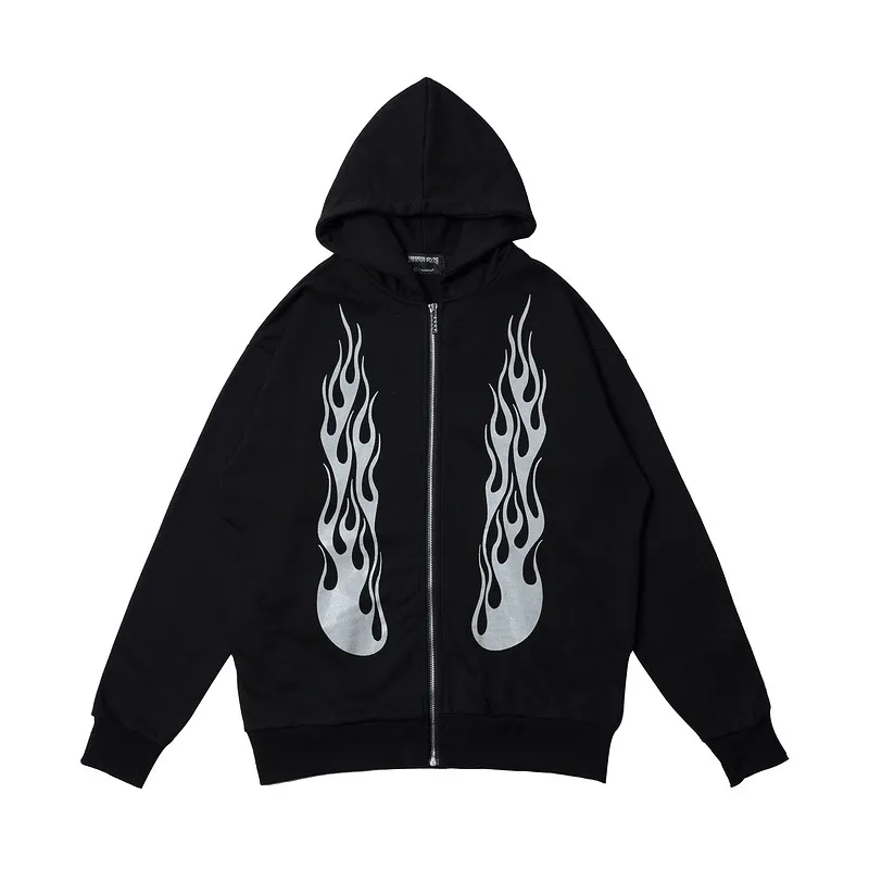 product bead charm Timeless Style Dark Rock Reflective Flame Print Hoodie Men'S Sports Cardigan