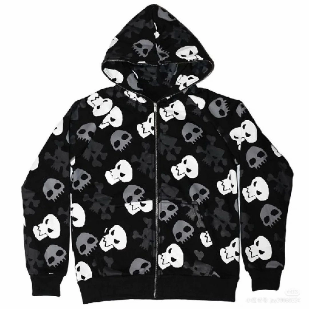 Dark Wind Skull Cardigan Hoodie Oversize Loose Hooded Zipper Thin Style Coat Compact Ribbed Cuffs