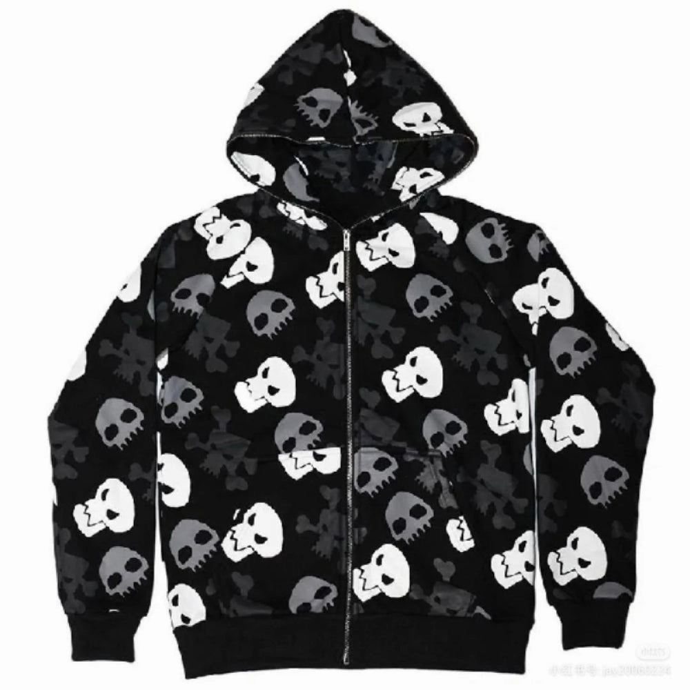 Versatile Style Dark Wind Skull Cardigan Hoodie Oversize Loose Hooded Zipper Thin Style Coat